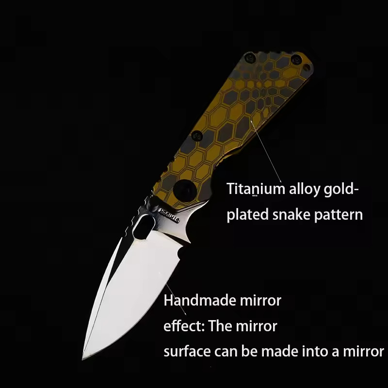 New TC4 Snake Pattern Titanium Handle Tactical Folding Mirror EDC Pocket Knife
