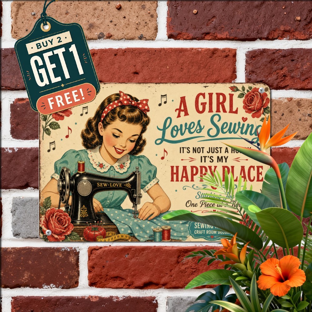 Girl Loves Sewing Metal Sign Rustic Seamstress Craft Wall Decor 8x12