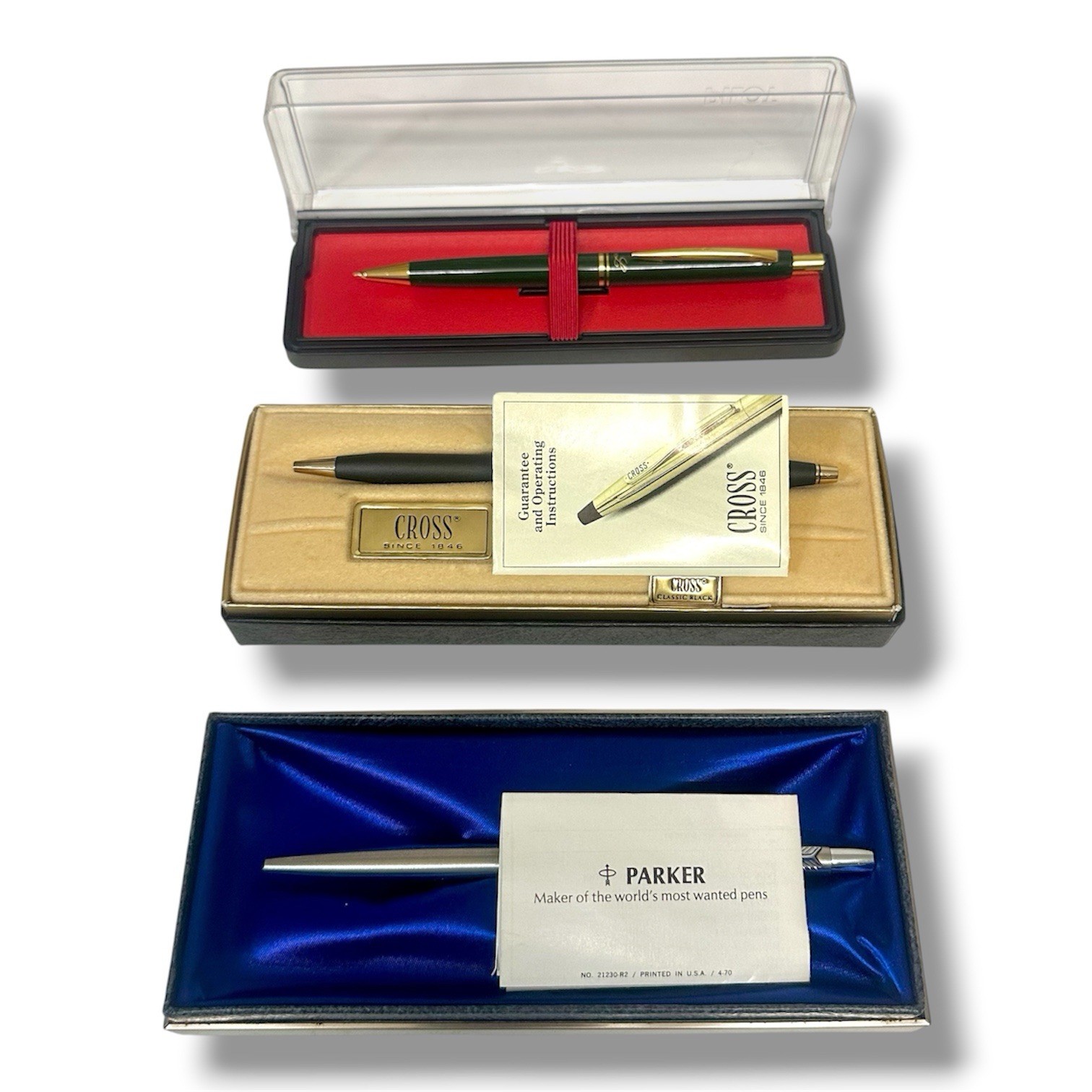 Vintage 1970s-90s 3 Pen Lot Parker Cross USA Ballpoint & Pilot Pencil w/ Cases