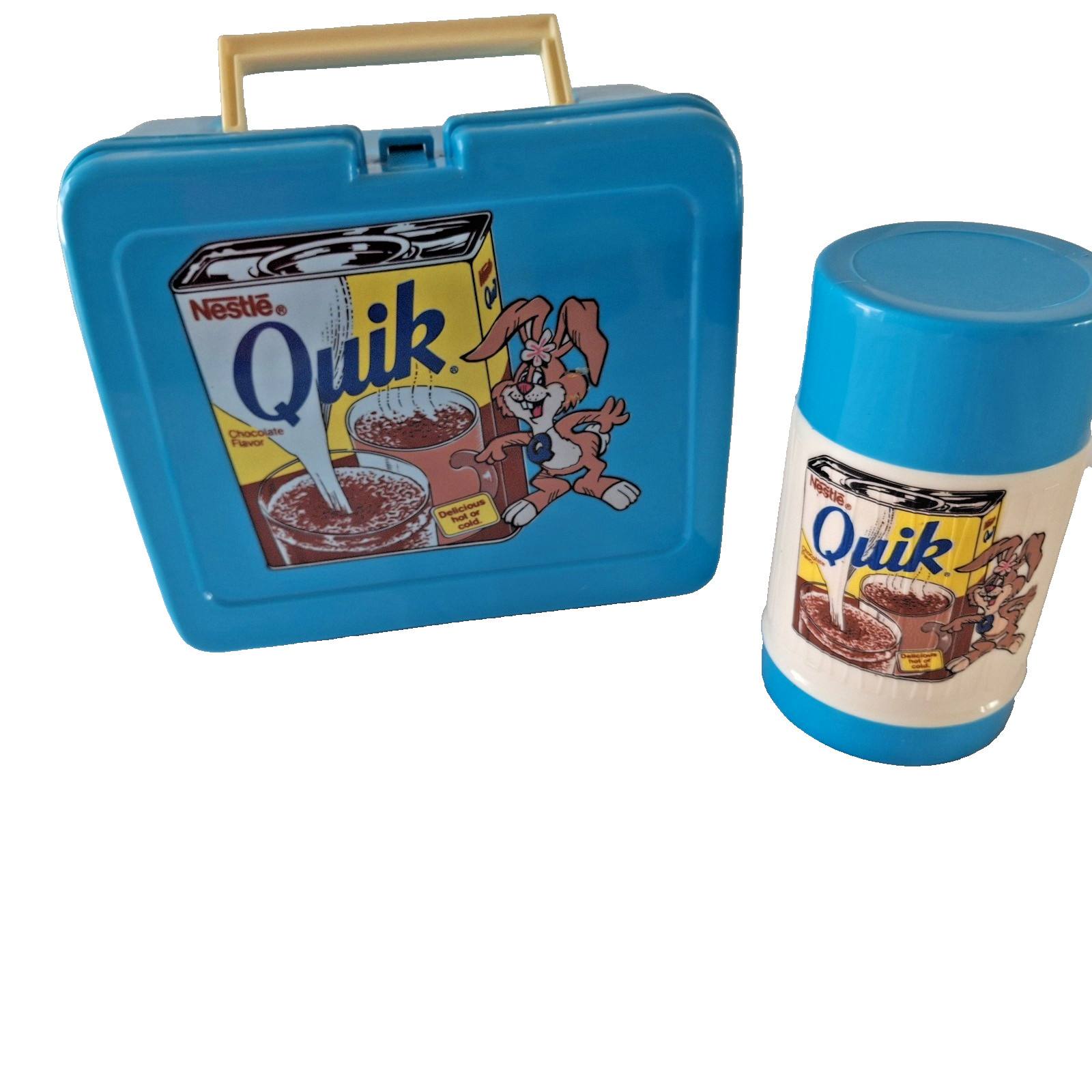 Vintage Nestle Quik Bunny Lunch Box Thermos Blue Plastic Advertising Set 8.5x6.5