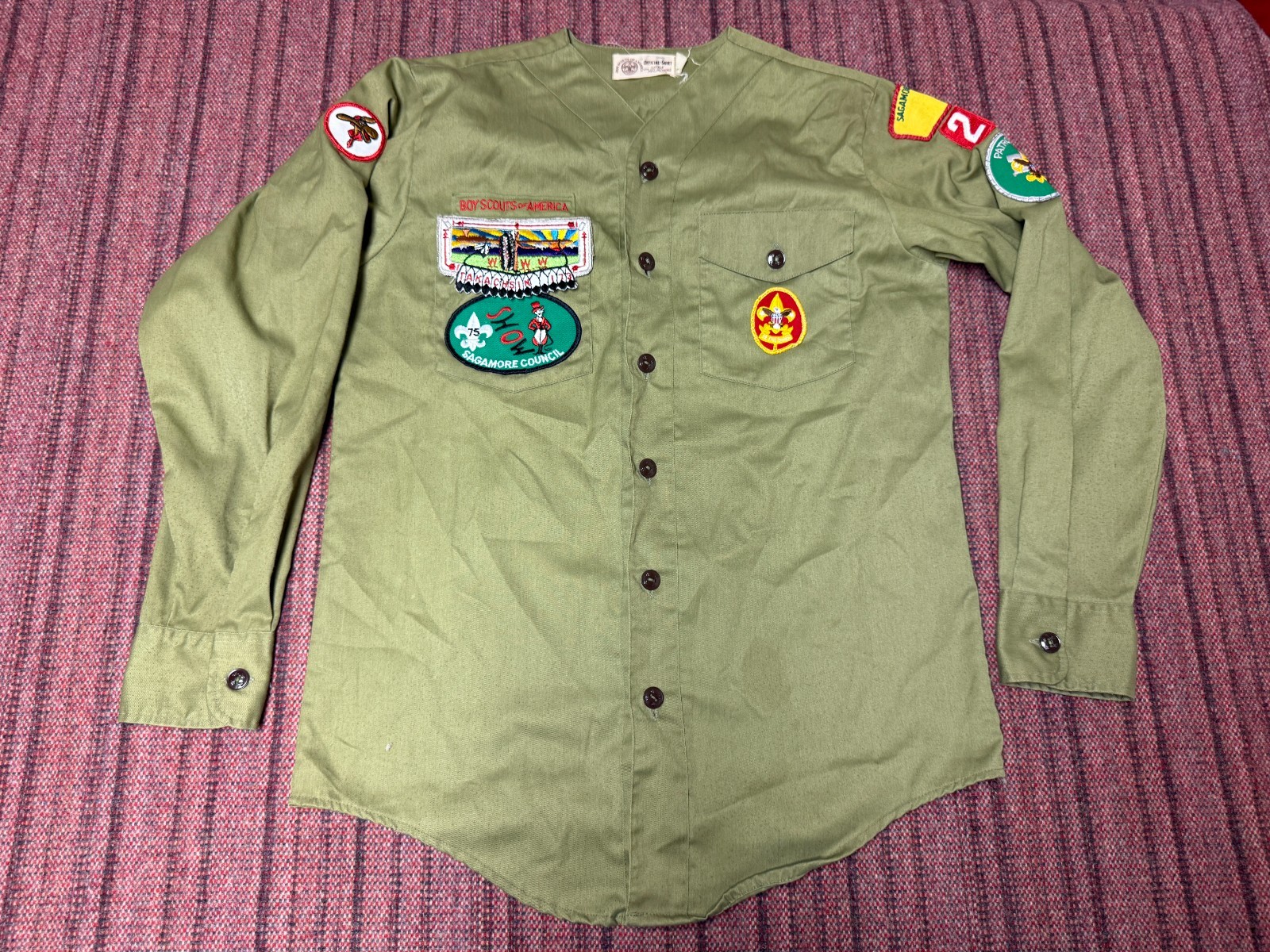 MENS USED VINTAGE 70S BSA BOY SCOUTS PATROL LEADER PATCHES SHIRT SIZE XS/SMALL