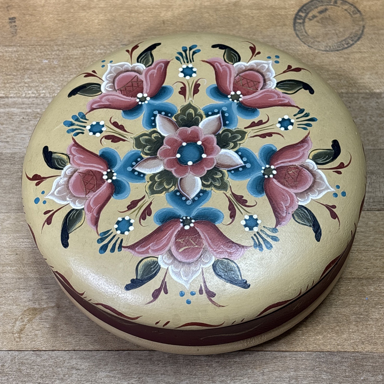 Vintage Hand Painted Wooden Folk Art Floral Trinket Jewelry Box