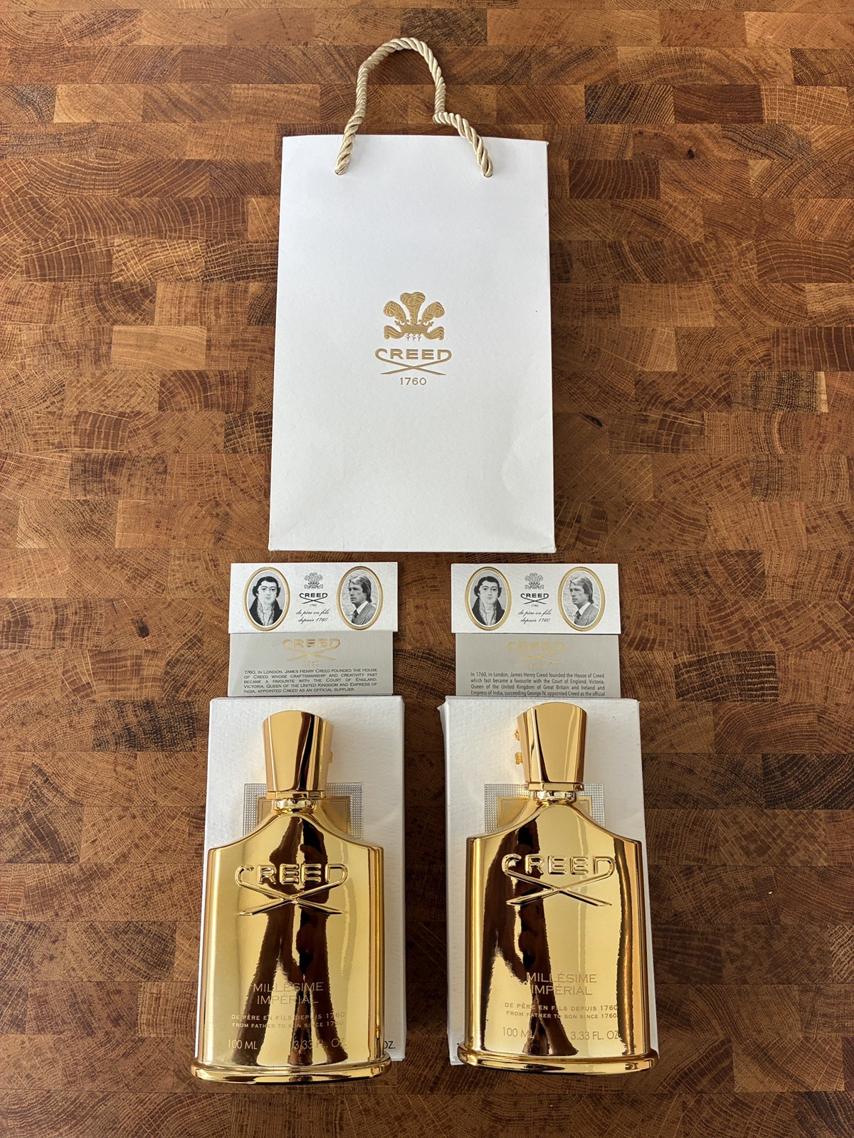 Two Creed Millesime Imperial 3.3 oz with Boxes EMPTY BOTTLE and Shop bag