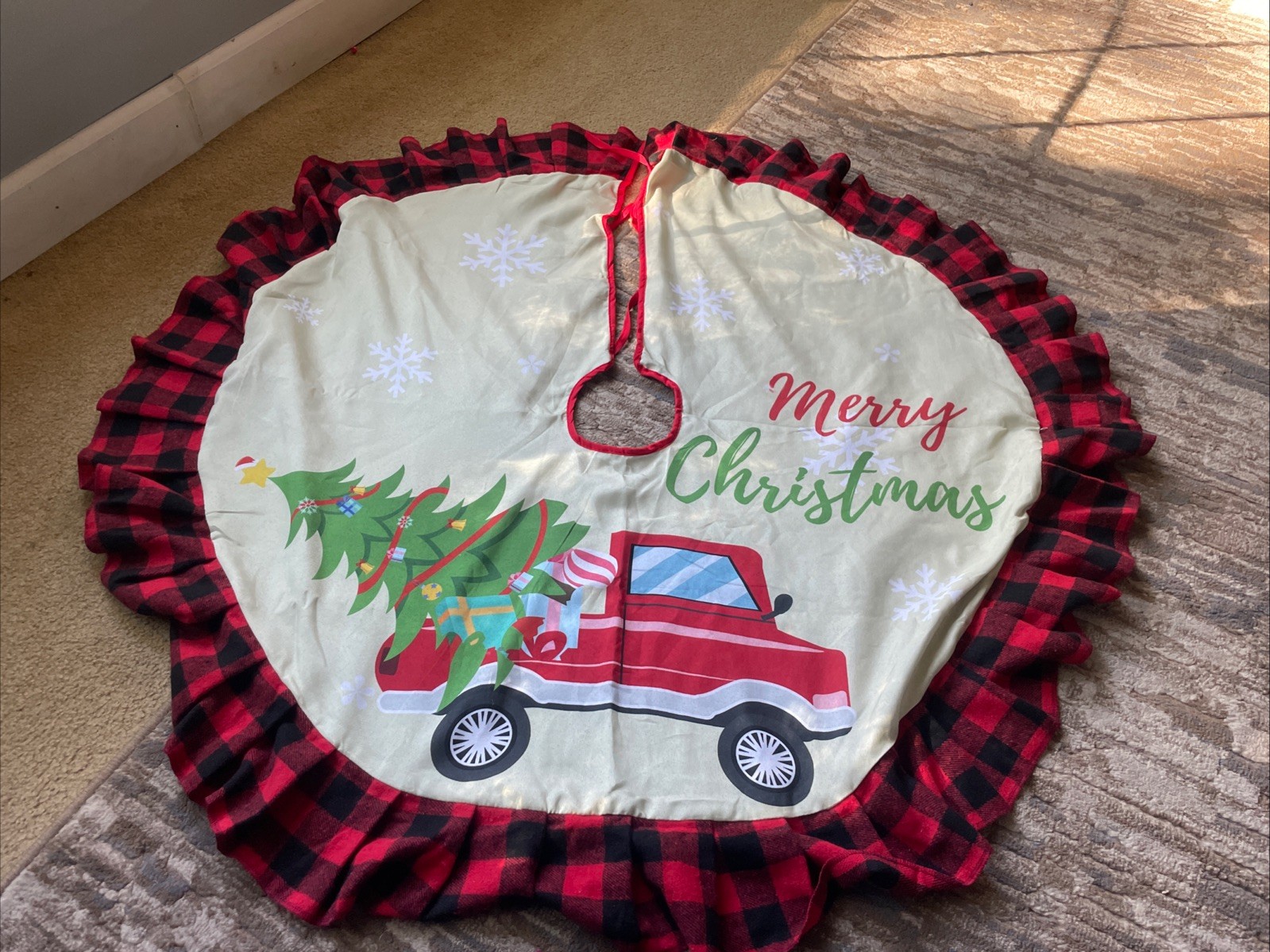 New Festive Christmas Tree Skirt Red Truck Design 48”