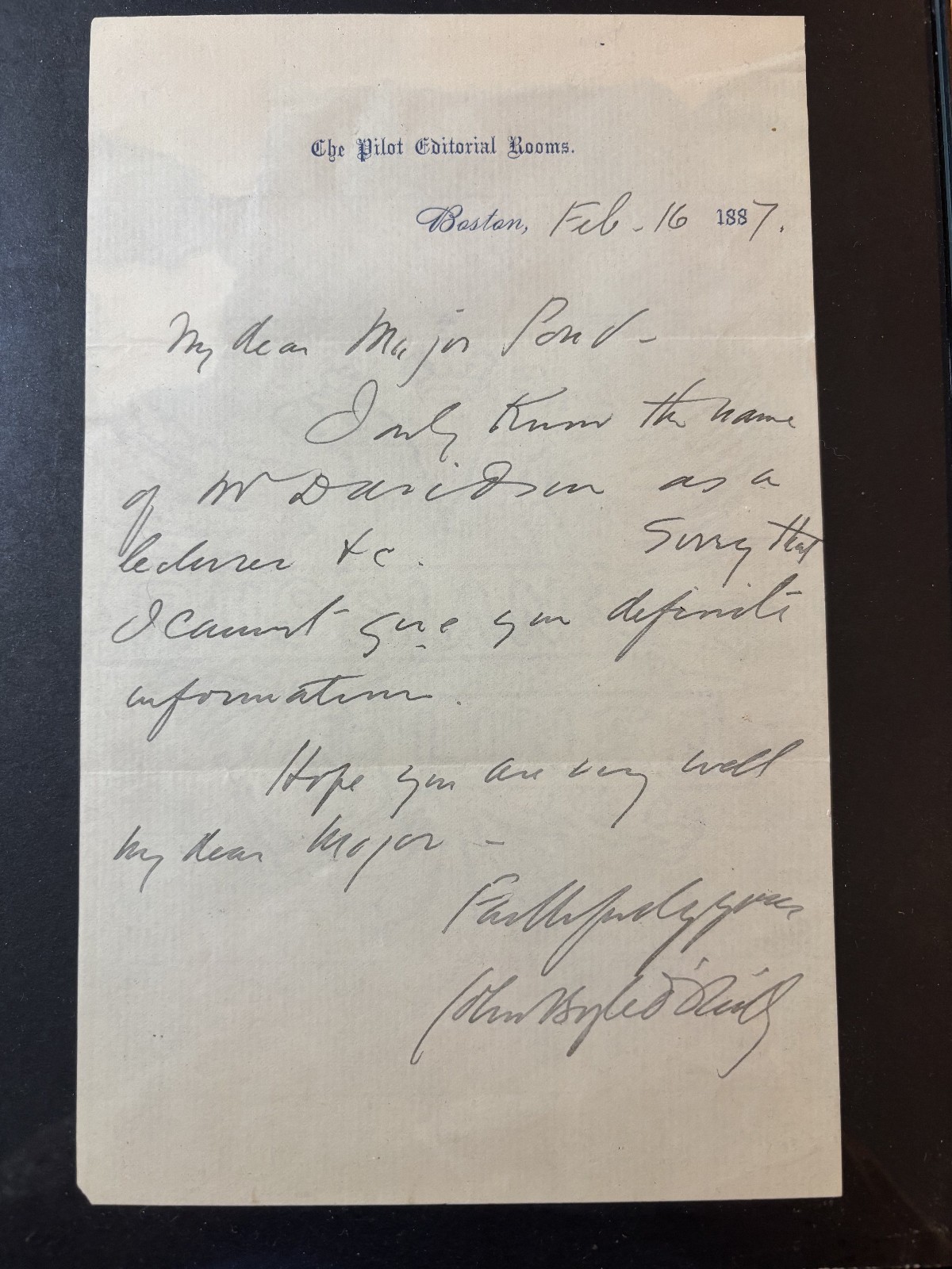 AUTOGRAPHED SIGNED LETTER -- JOHN BOYLE O'REILLY (1844-1890)