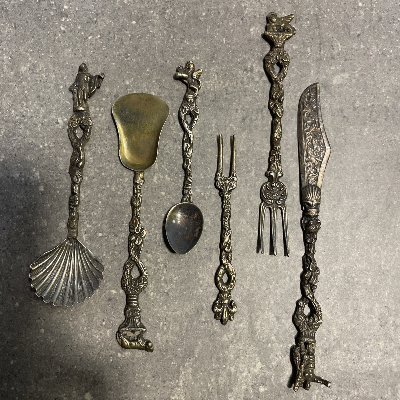 Set of 7 Curious Ornate Antique Cutlery Knife Forks Spoons Collectible Flatware