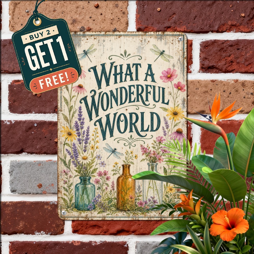 What A Wonderful World Outdoor Garden Sign Summer Floral Meadow Metal Tin Plaque