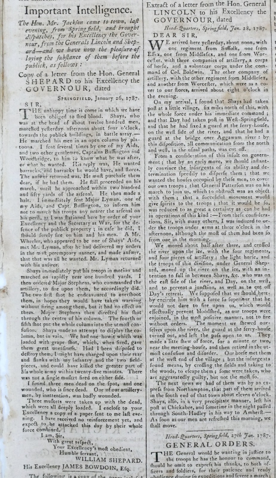 Title: 1787 Massachusetts Gazette Jan 30 SHAYS REBELLION Springfield Arsenal