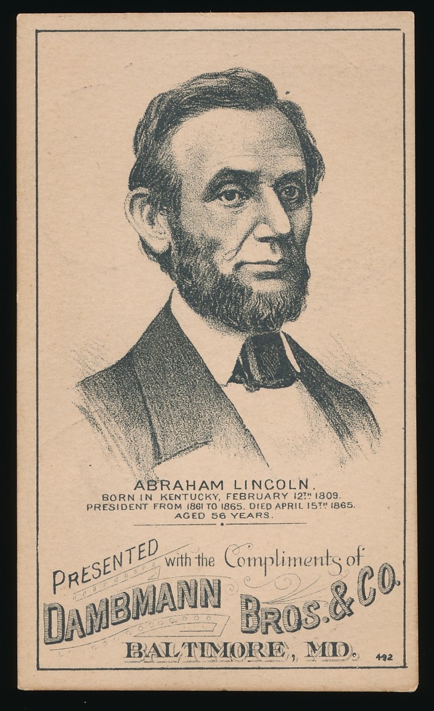 HD2a Dambmann & Bros President Abraham Lincoln Large 1888 Election Trade Card