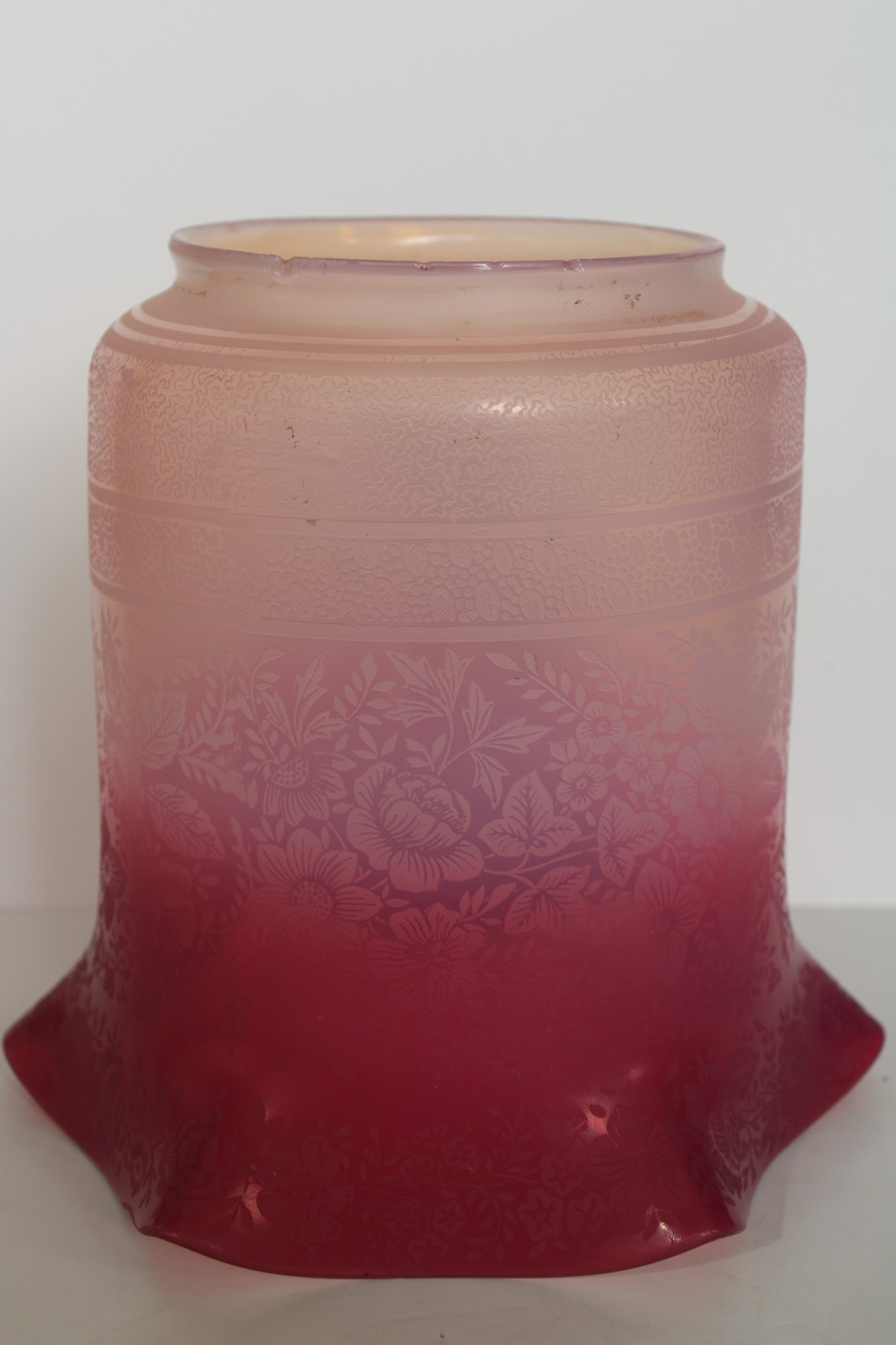 Antique 19th Century Victorian Floral Satin Etched Cranberry Lamp Shade (8.25