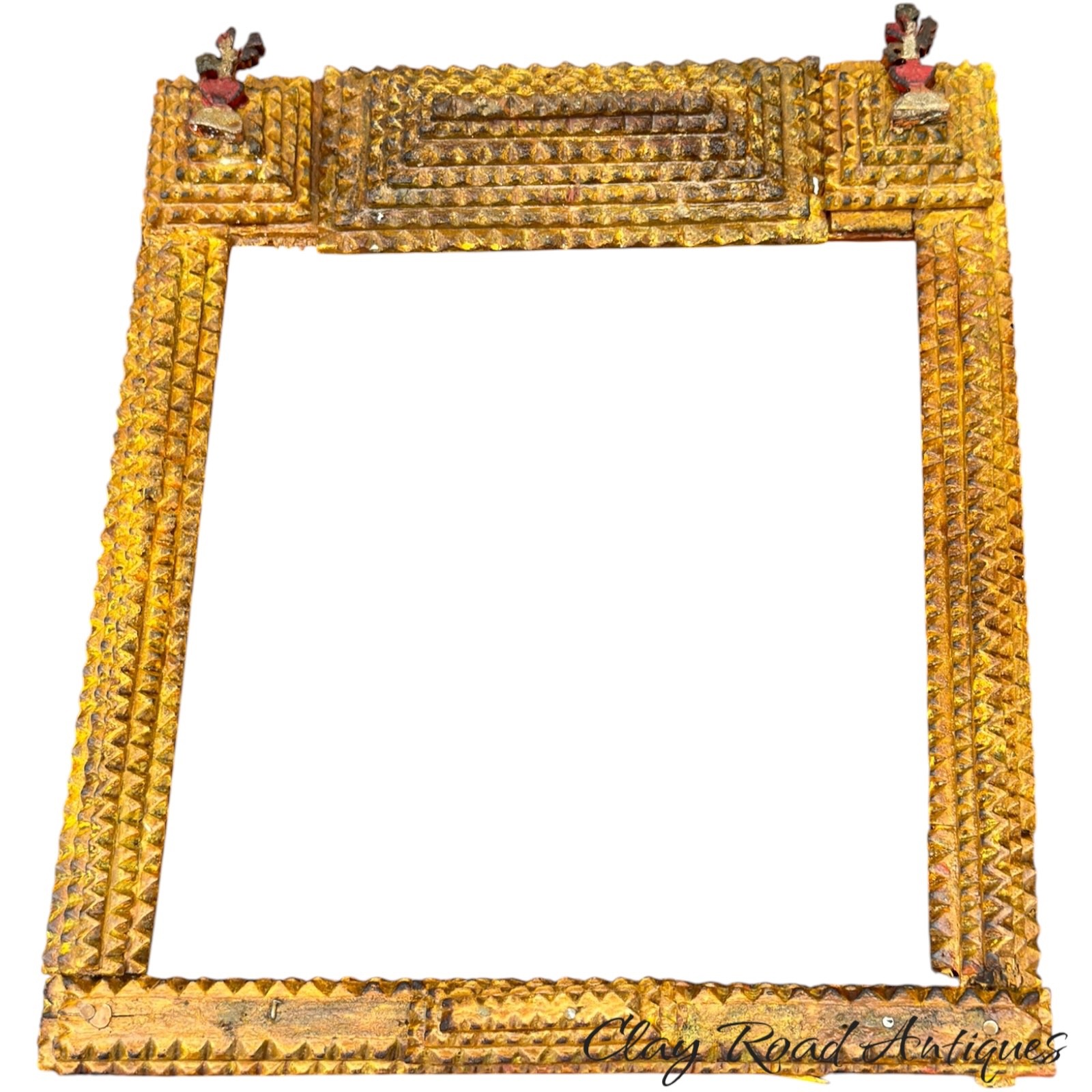 Antique tramp art chip carved yellow frame unusual primitive 1890 Antique tramp art chip carved yellow frame unusual primitive 1890