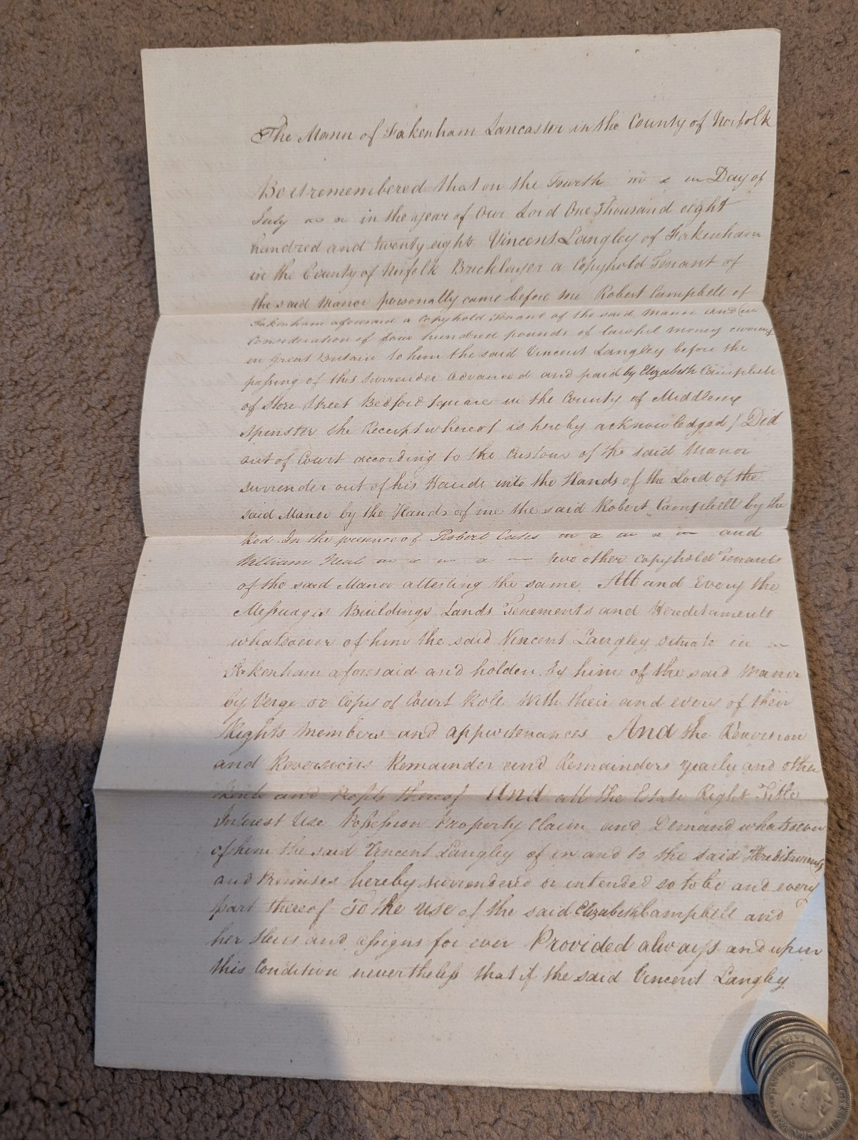1828 Calligraphy Fakenham Lancaster Vincent Langley Elizabeth Campbell Indenture
