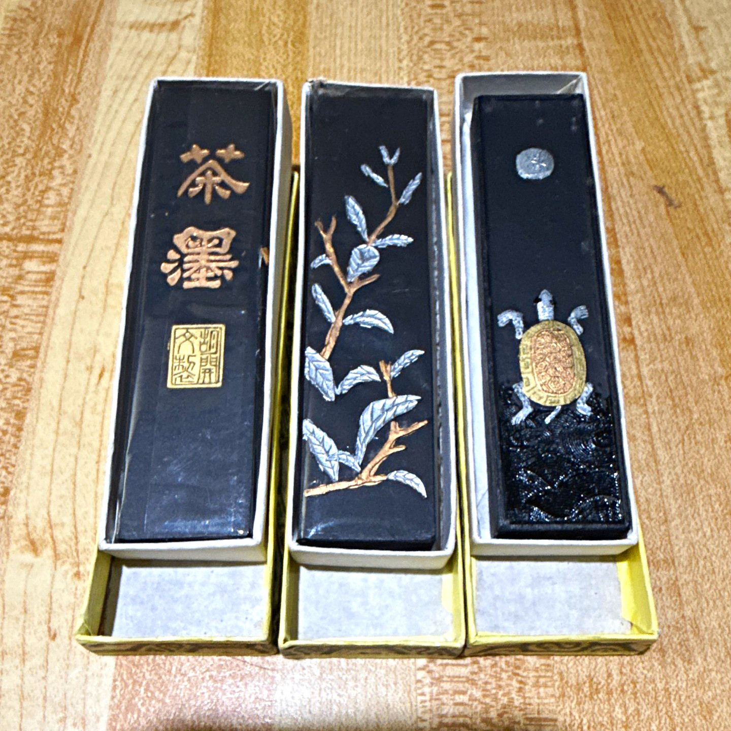Set of 3 Chinese Calligraphy Ink Sticks with Decorative Boxes