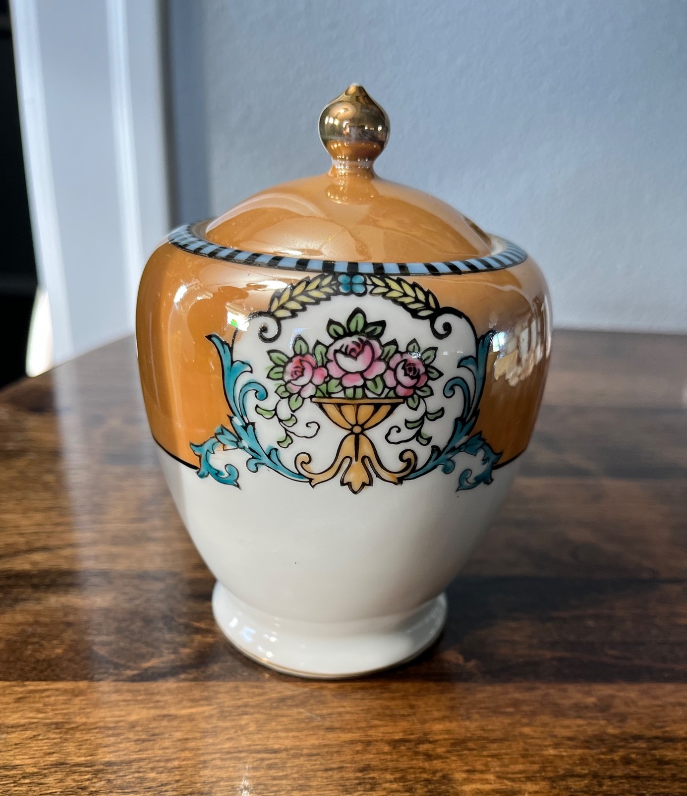 Vintage Noritake Hand Painted Lusterware Jam Jar Condiment Pot Roses Japan