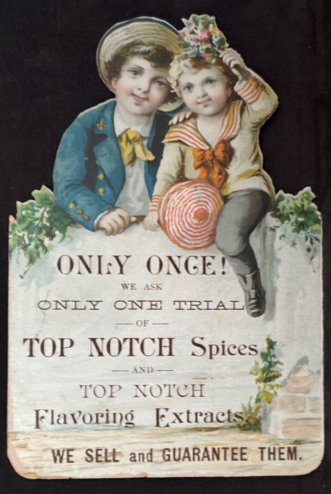TOP NOTCH SPICES DIE CUT TWO SIDES COLOR TRADE CARD~CHILDREN CLIMB OVER FENCE