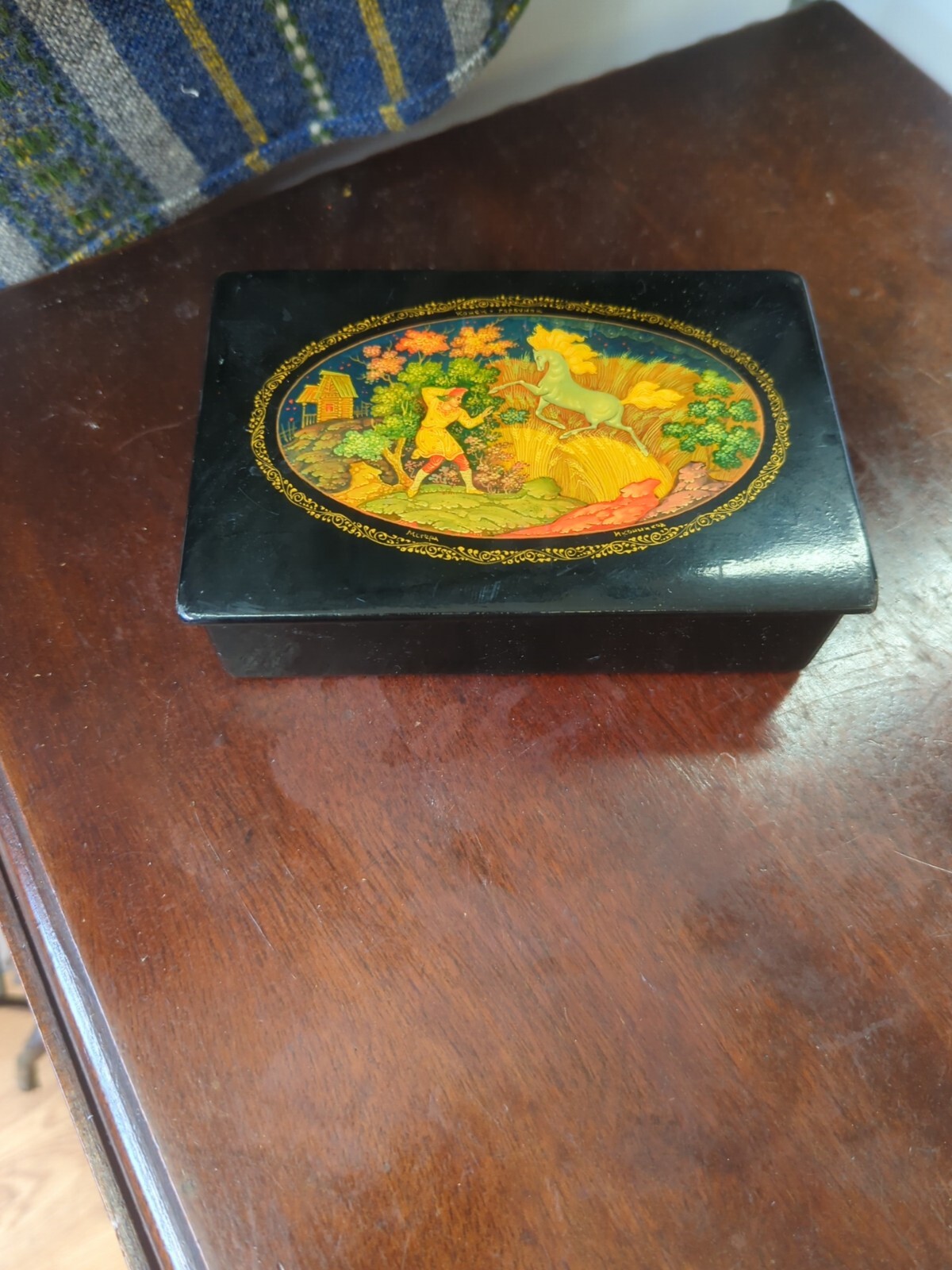 Vintage Kholui Russian Ussr Hand painted Laquer Box Horse Wheat Fairy Tale Box