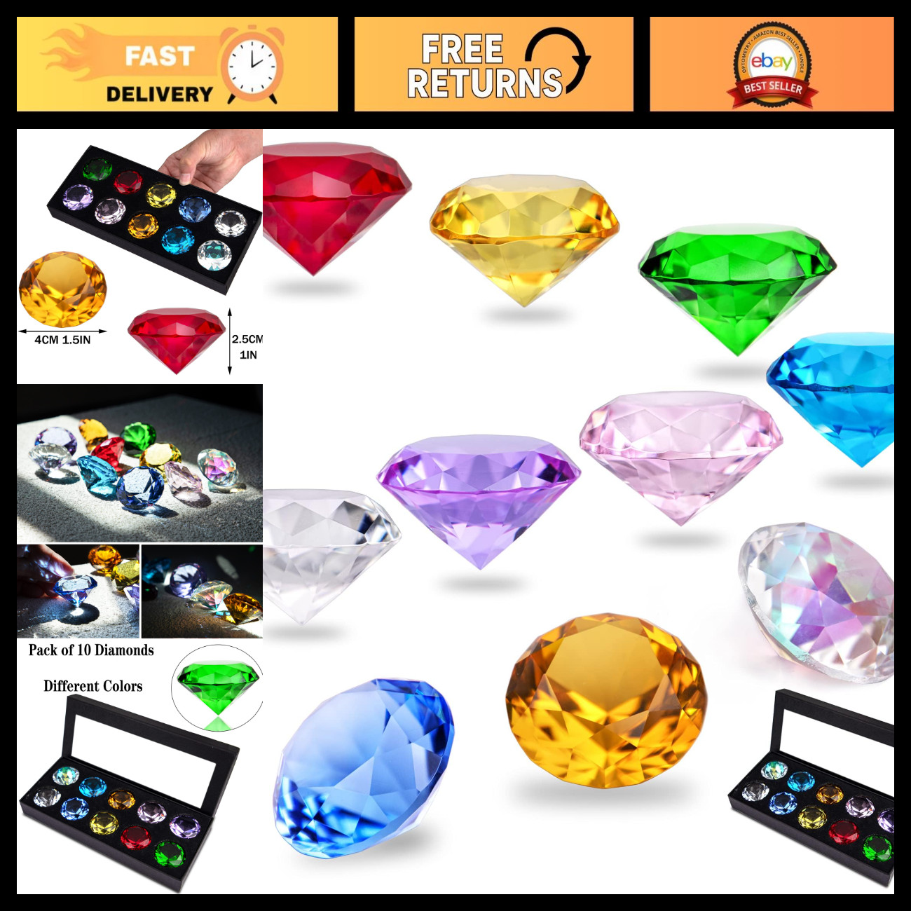 40mm Crystal Diamond Jewels - Decorative Paperweight Fake Diamonds, Pack of 10