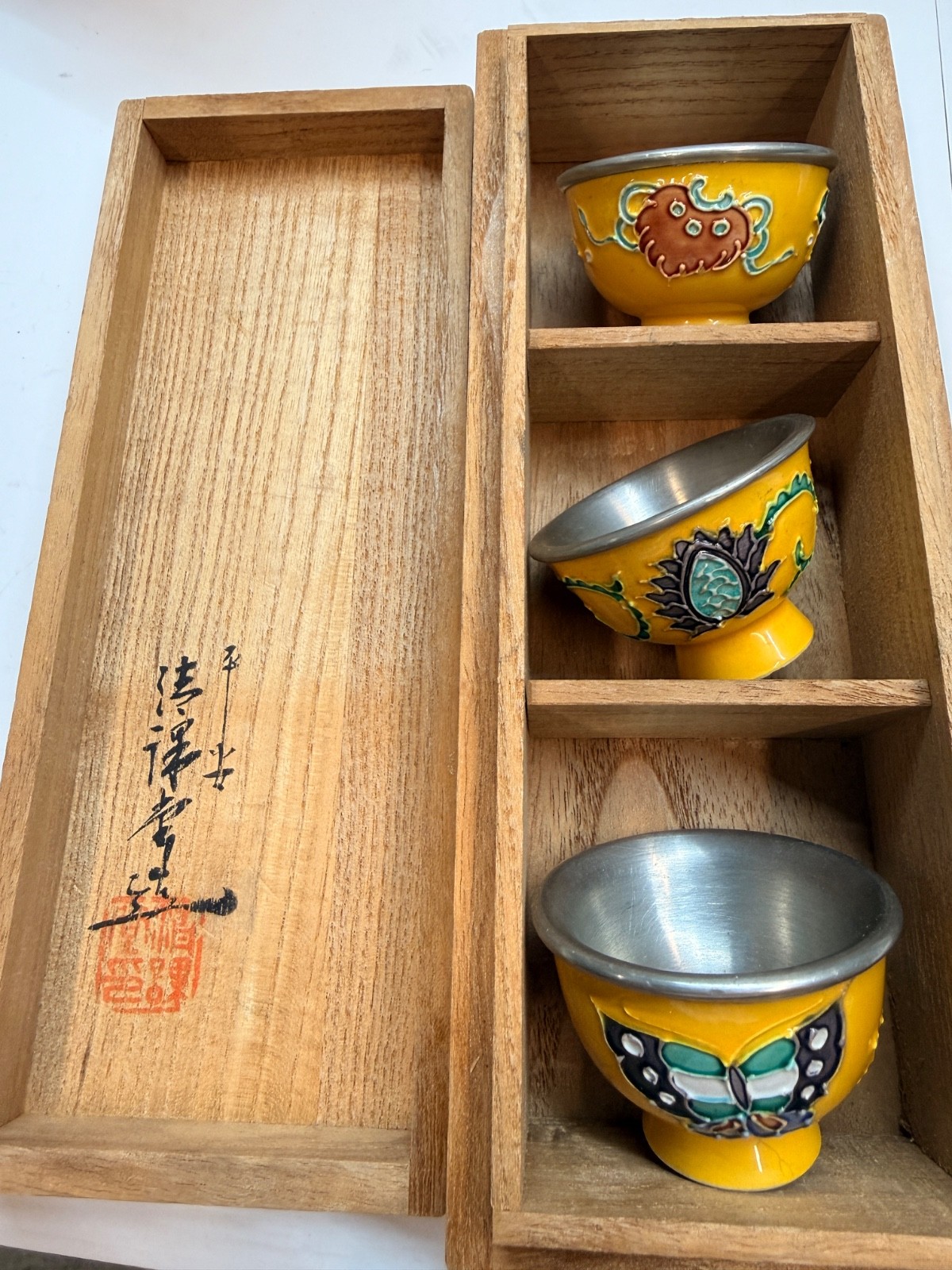 Master Yasutaka Shimizu Kyoto Ware Kochi Enamel Longevity Sake Cup Set of 3 w Bx