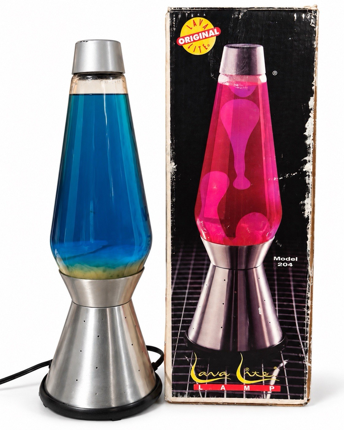 VINTAGE 1990s ORIGINAL LAVA LITE SILVER CENTURY LAVA LAMP – YELLO & BLUE - W/BOX