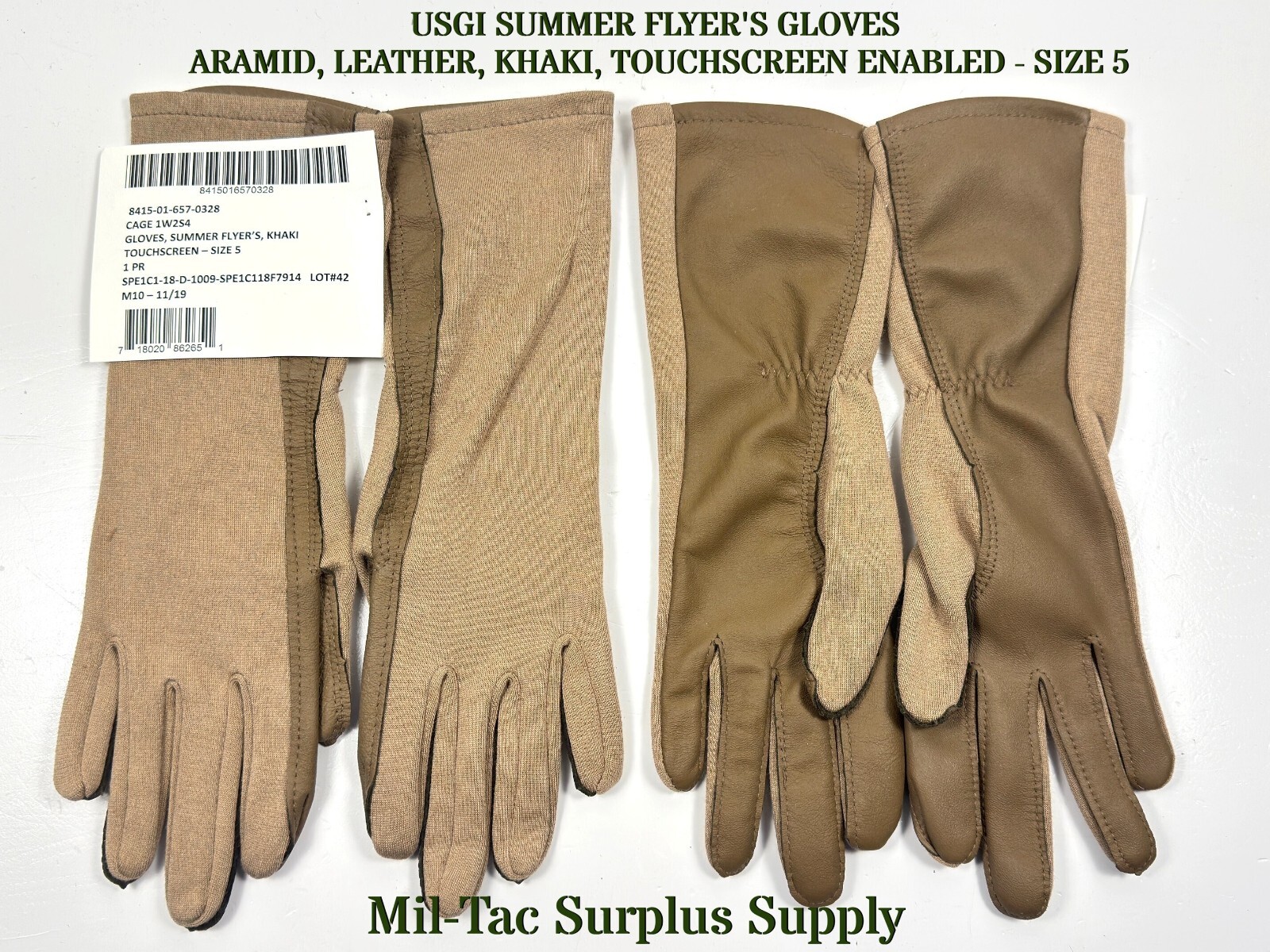 USGI SUMMER FLYER\'S GLOVES, ARAMID, LEATHER, KHAKI, TOUCHSCREEN ENABLED - SIZE 5