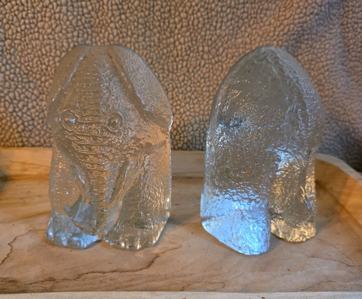 Vintage Mid-Century BLENKO Pair Handmade Art Glass Elephant Bookends HEAVY CLEAR