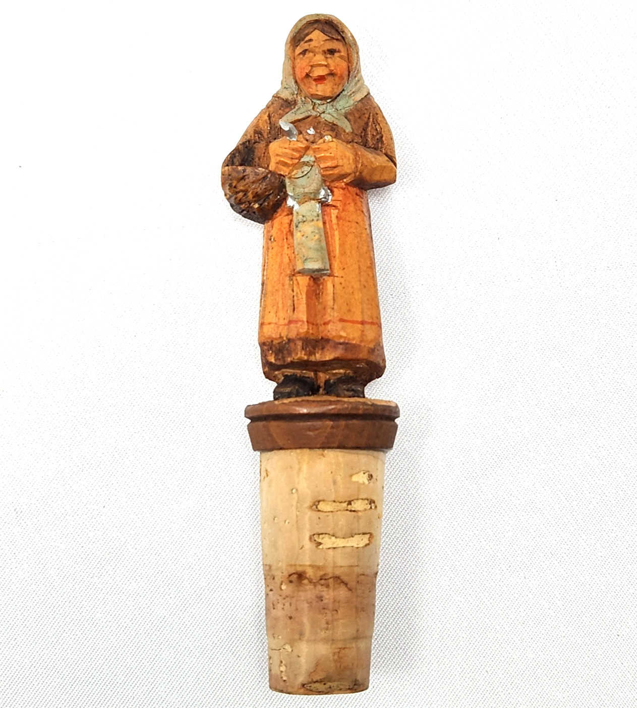Vtg Hand Carved Wood Bottle Stopper Cork Peasant Lady Old Woman Full Body