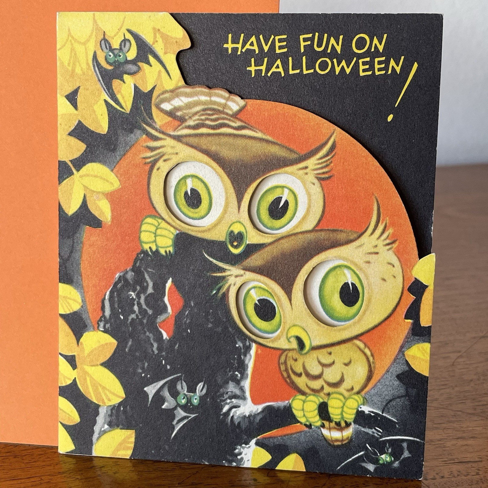 Vintage 1950s Halloween Greeting Card • A Gibson Smile Card Owl Bat Big Eyes