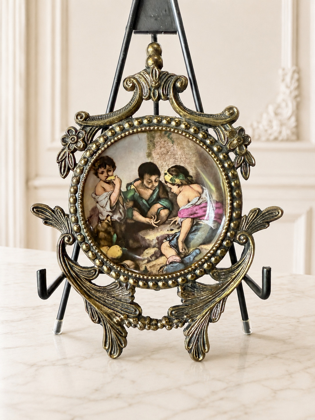 Vintage Western Germany Solid Brass Frame Porcelain Plate Murillo Art Signed