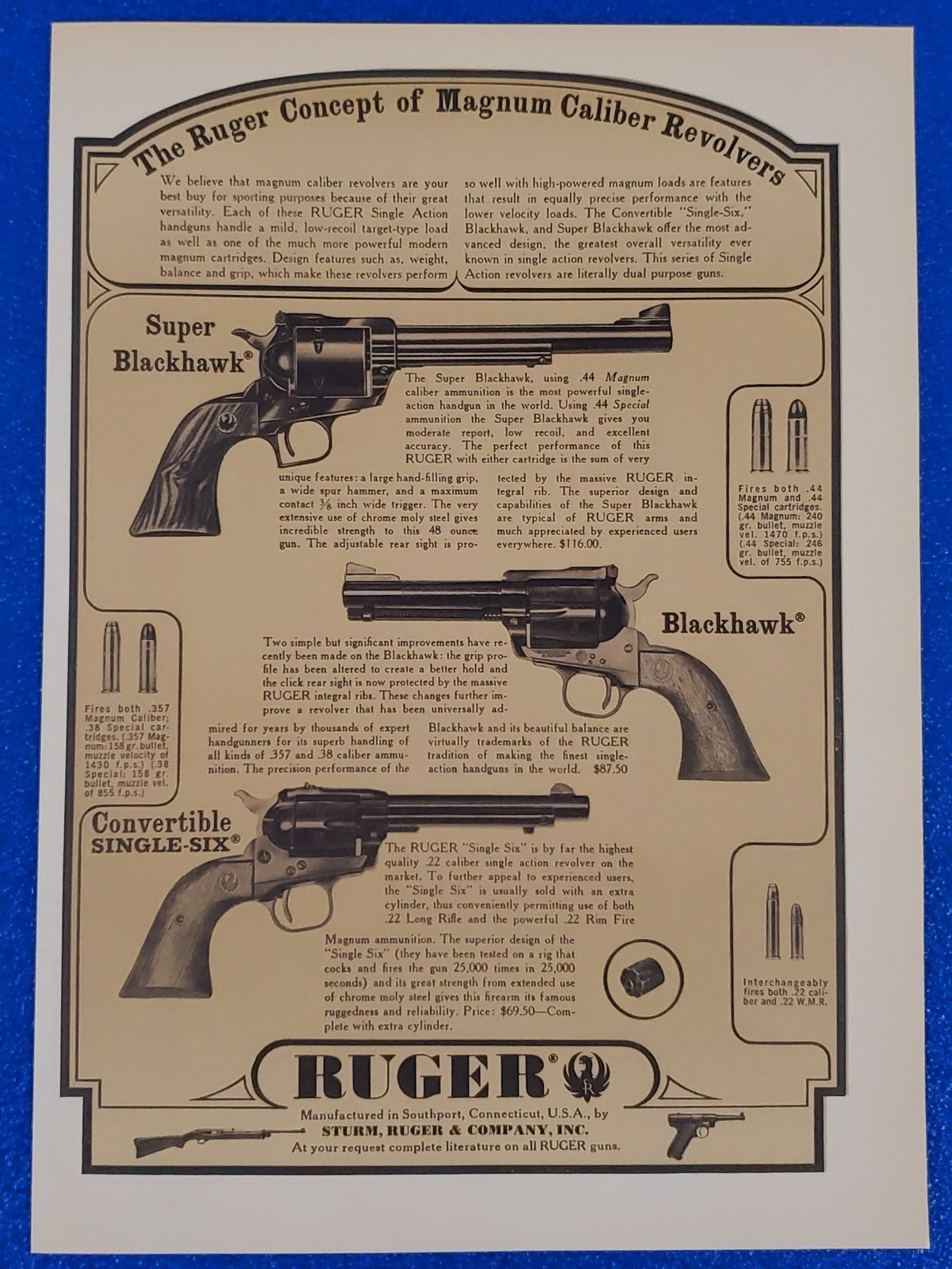 1963 RUGER SUPER BLACKHAWK, SINGLE SIX AND BLACKHAWK ORIGINAL FIREARM PRINT AD