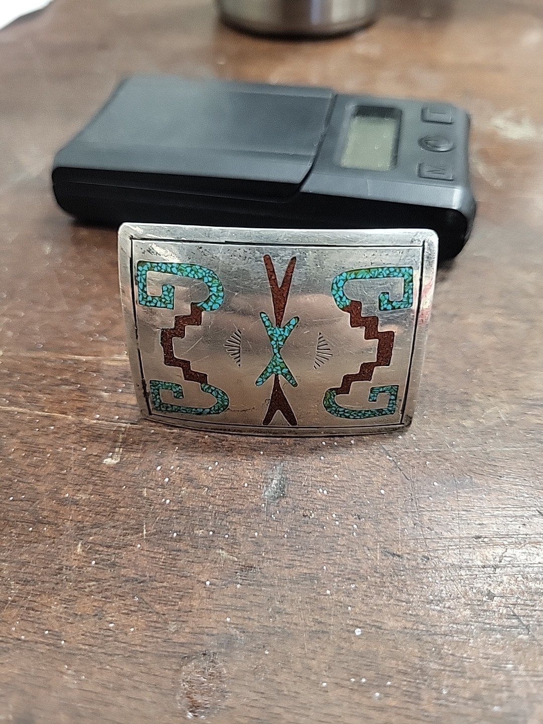 ZUNI Bennie Bowekaty Sterling Silver Inlay Turquoise Chip Buckle NATIVE AMERICAN