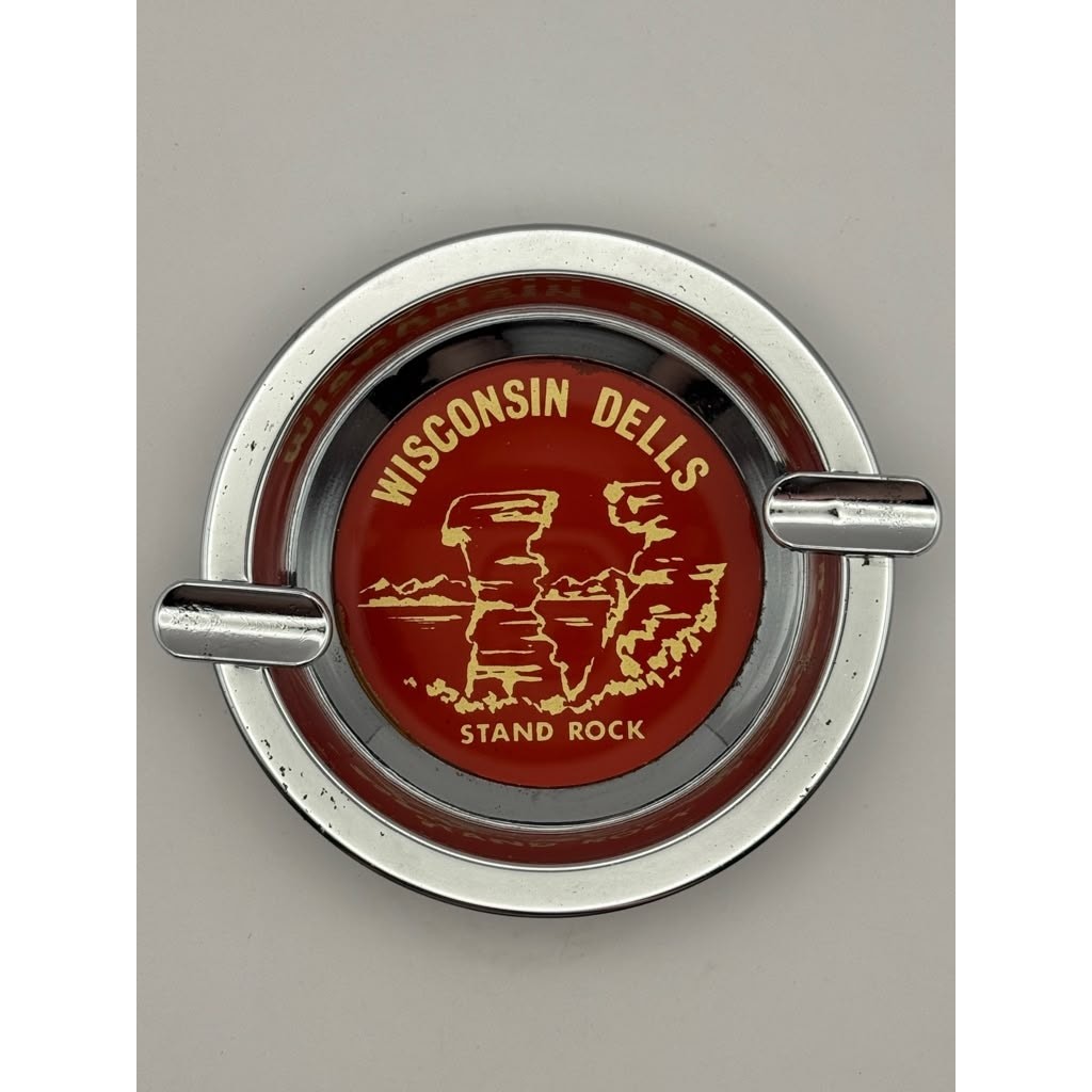 Vintage Wisconsin Dells Souvenir Red Gold Metal Ashtray Travel Memorabilia USA