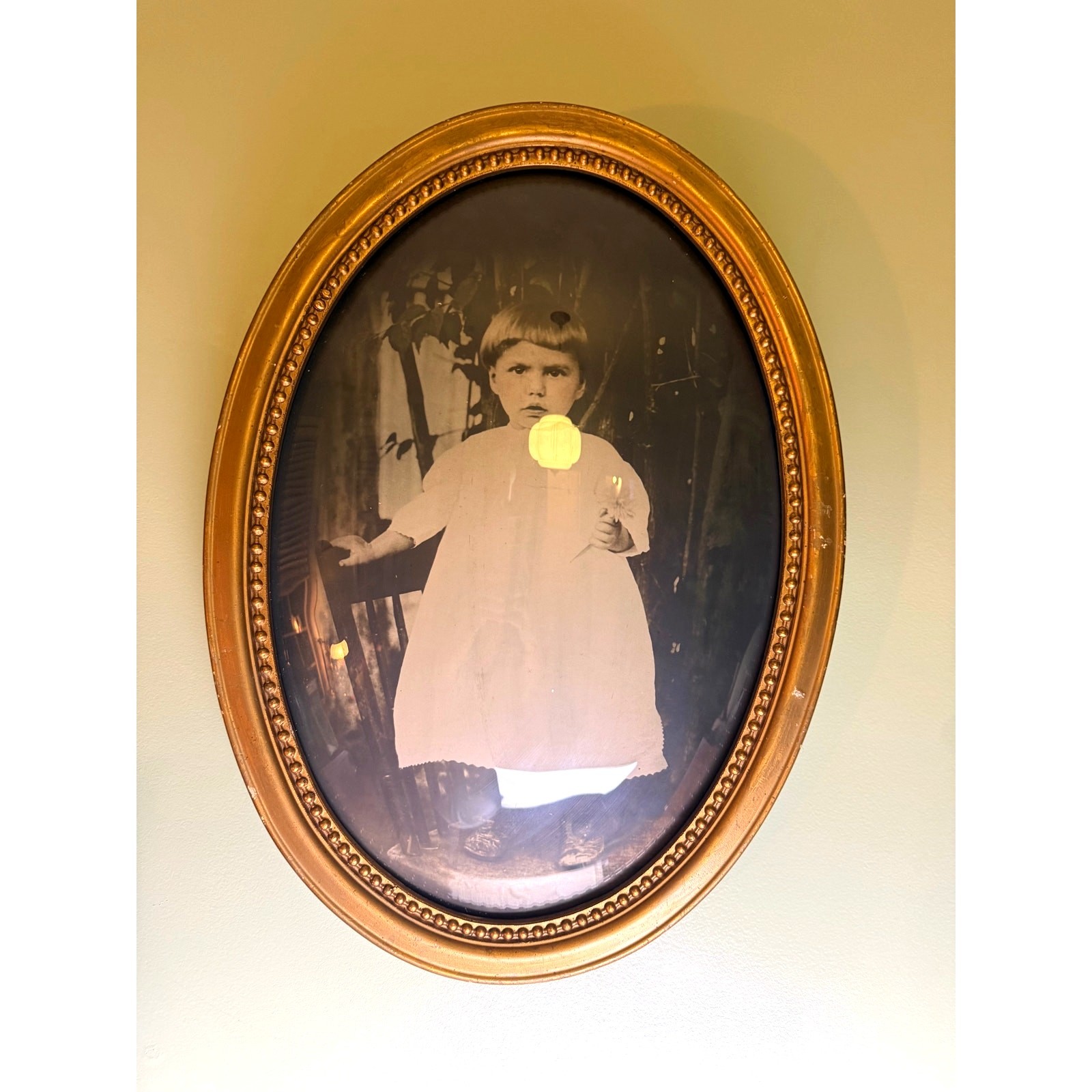 Antique Hand Tinted Child Portrait Convex Bubble Glass Oval Gold Frame 22