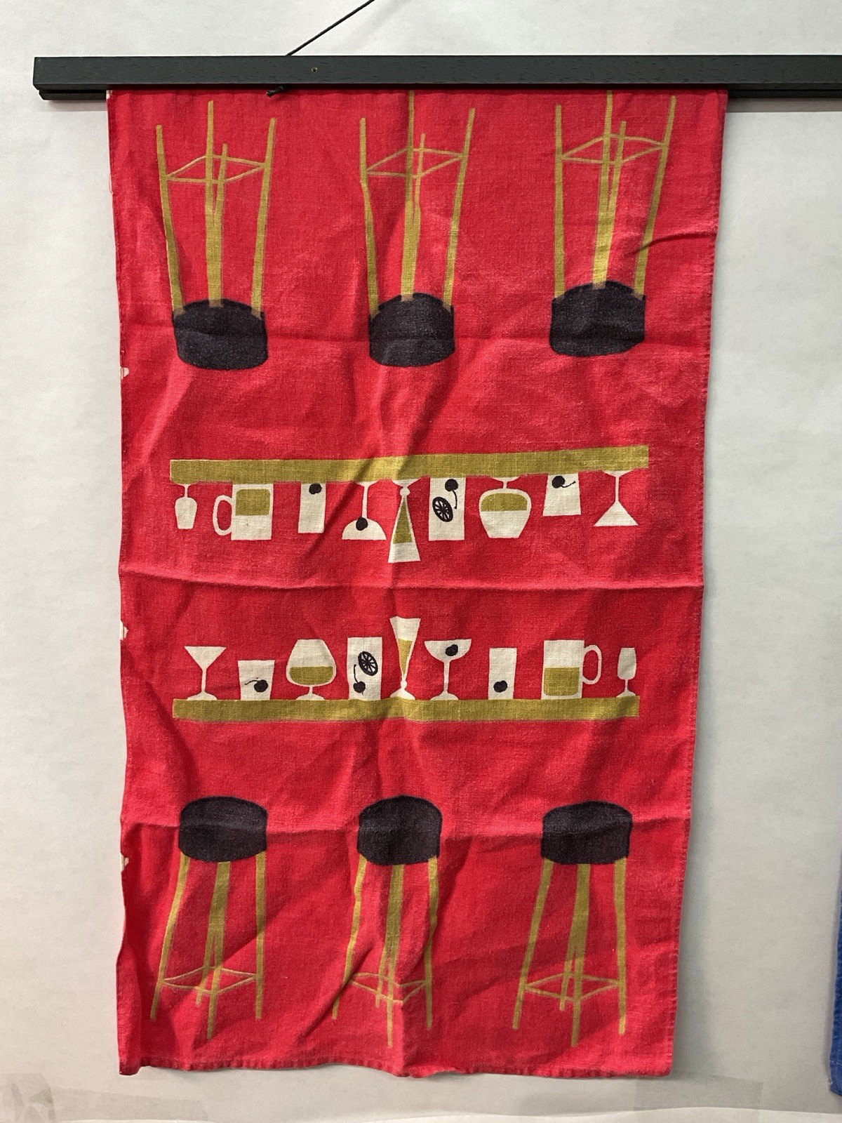 Vintage Linen Tea Towel MCM Bar Barware Cocktails Stools Red Background MC2