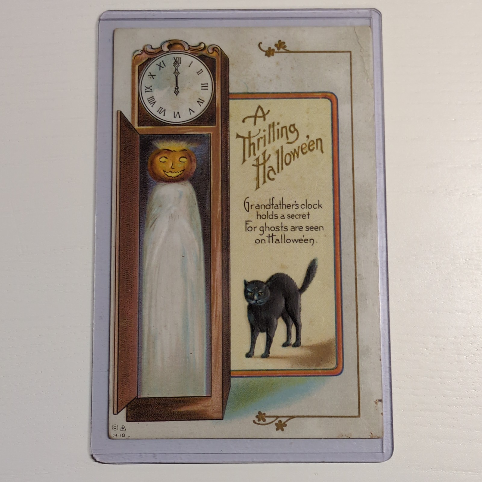 Antique 1914 A Thrilling Halloween Postcard Jack O Lantern Grandfather Clock