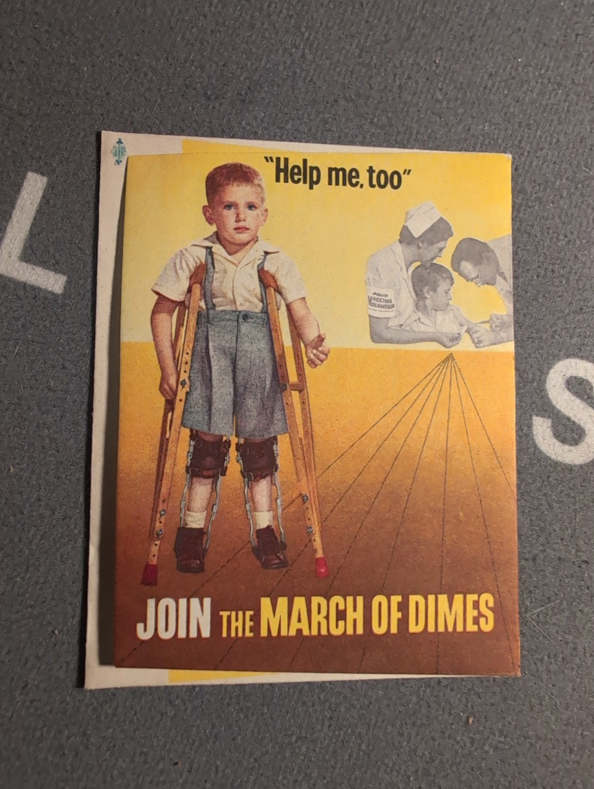 Vintage 1956 March of Dimes Polio Campaign Card Poster Art Help Me Too Boy...