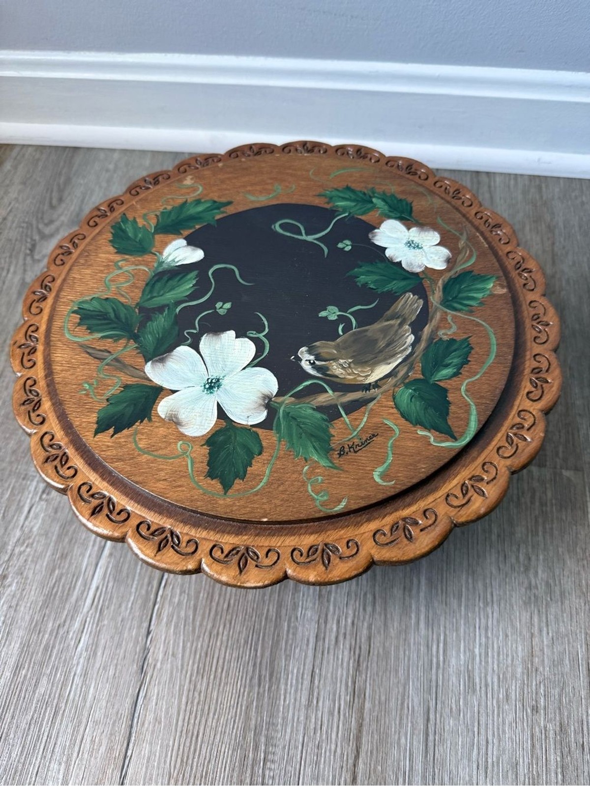 VTG Hand-Painted Floral Bird Wooden Cake Stand Base Brown and Green