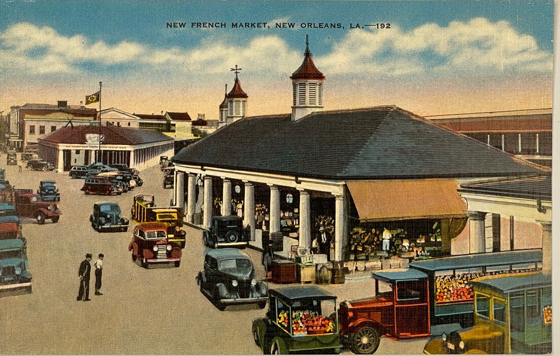 NEW ORLEANS LA ~ 1940\'s New French Market ~ Antique Automobiles Vintage Postcard