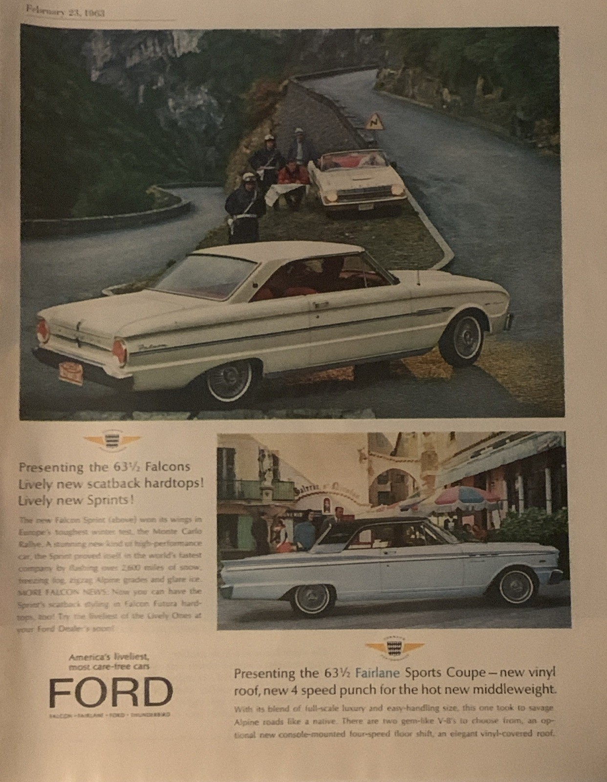 1963 Ford Falcon Sprint PRINT AD Fairlane Sports Coupe VTG 1960s Monte Carlo