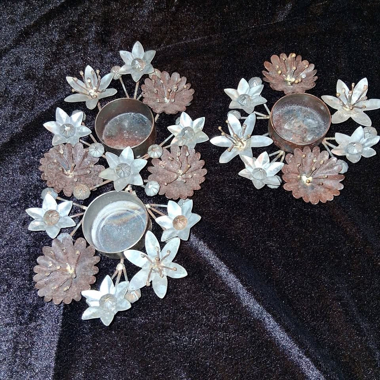 Set of 2 VTG Brutalist Metal Floral Votive Candle Holders
