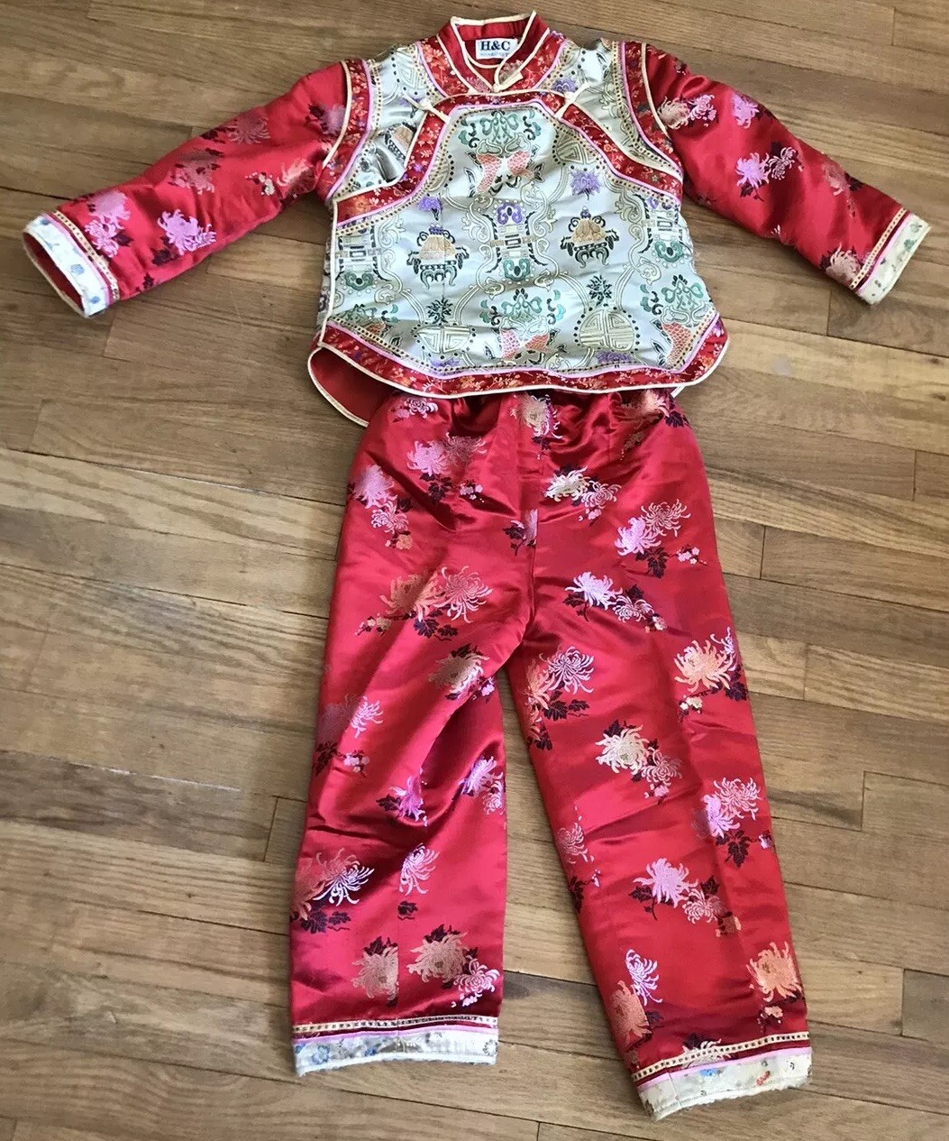 Vtg 70s Asian Traditional Style 2pc Silk Suit Costume Unisex Top+Bottom Size 12