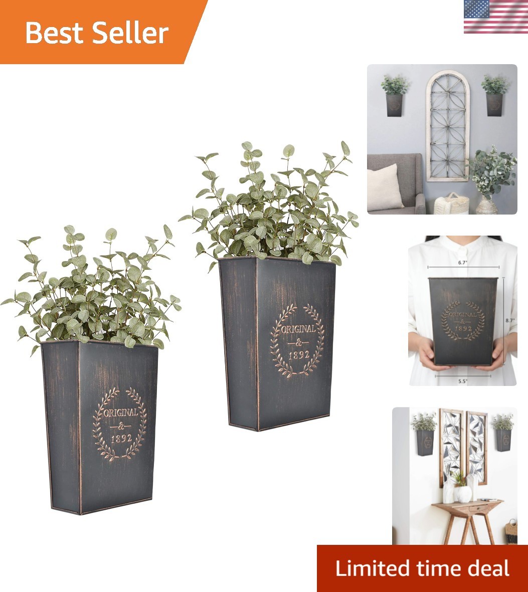 Charming Vintage Black Hanging Wall Vases - Rustic Metal Plant Pocket Set of 2