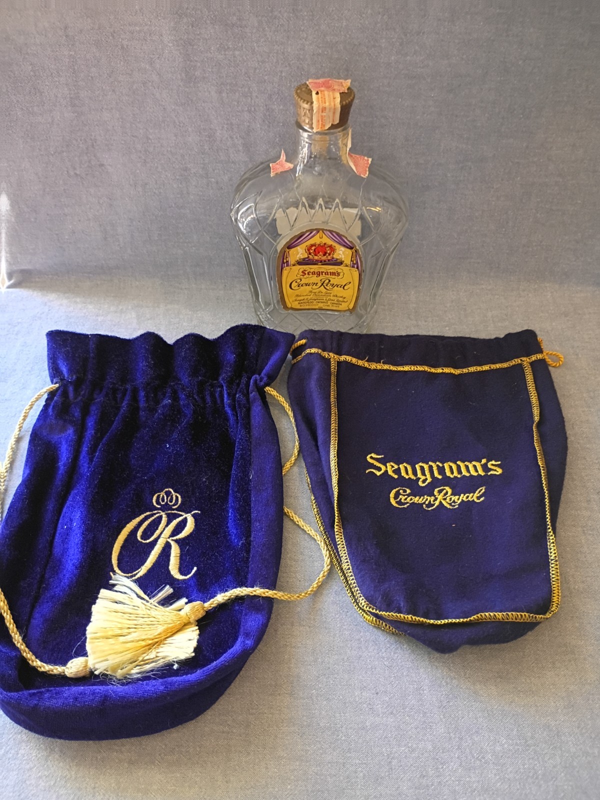 Vintage Crown Royal Bottle w/1969 Tax Stamp & Two (2) Bags