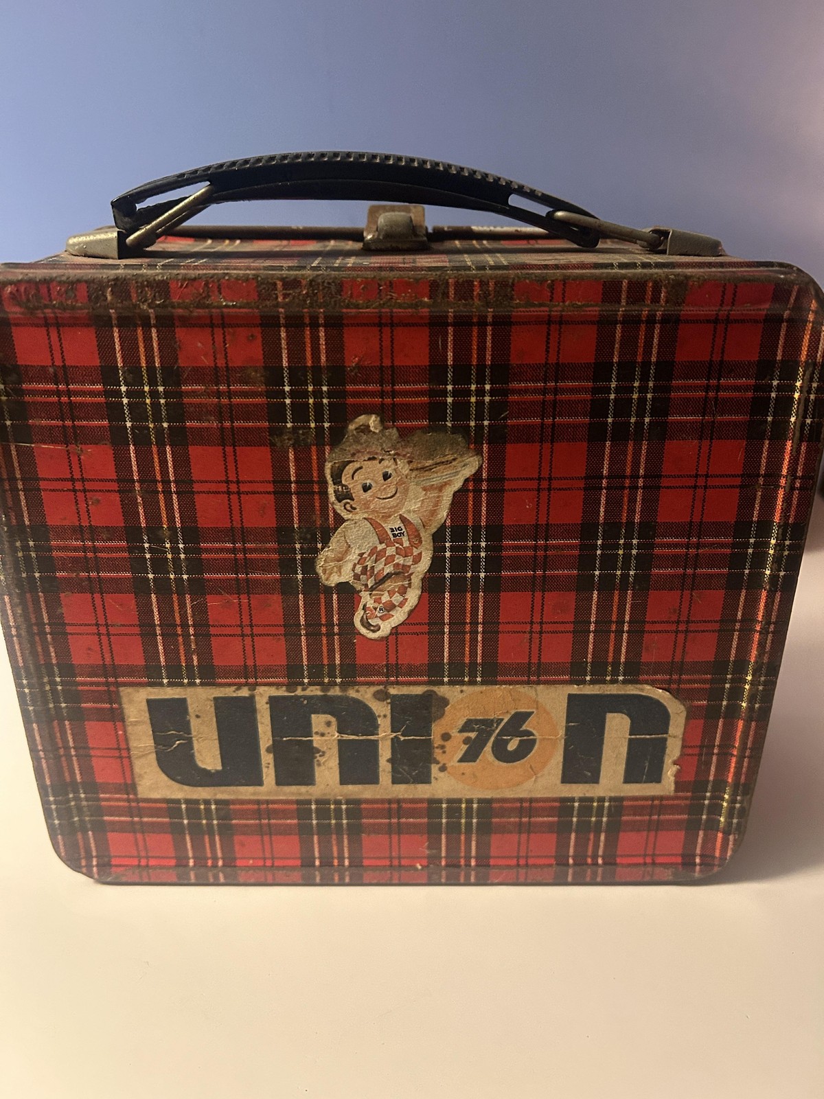 Vintage Red Plaid Metal Union 76 Gas Stickers Love Flower Power 70s
