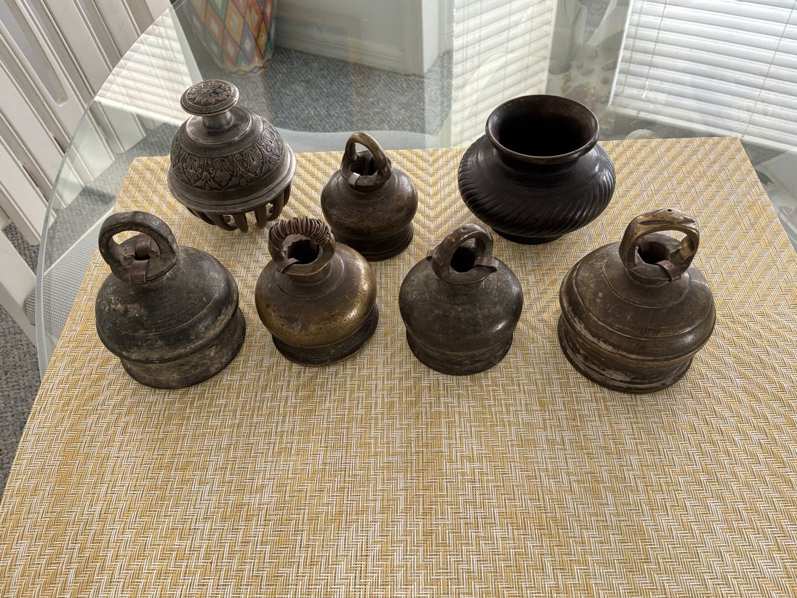 Antique Vintage Bronze Brass Elephant Livestock Cow Bells & Metal Vessel Pot Lot
