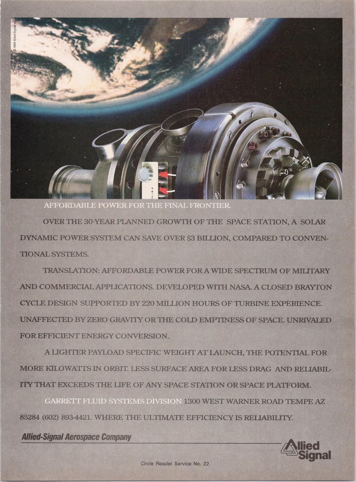 Allied Signal 1989 Original Aerospace Print Ad Solar Dynamic Power System