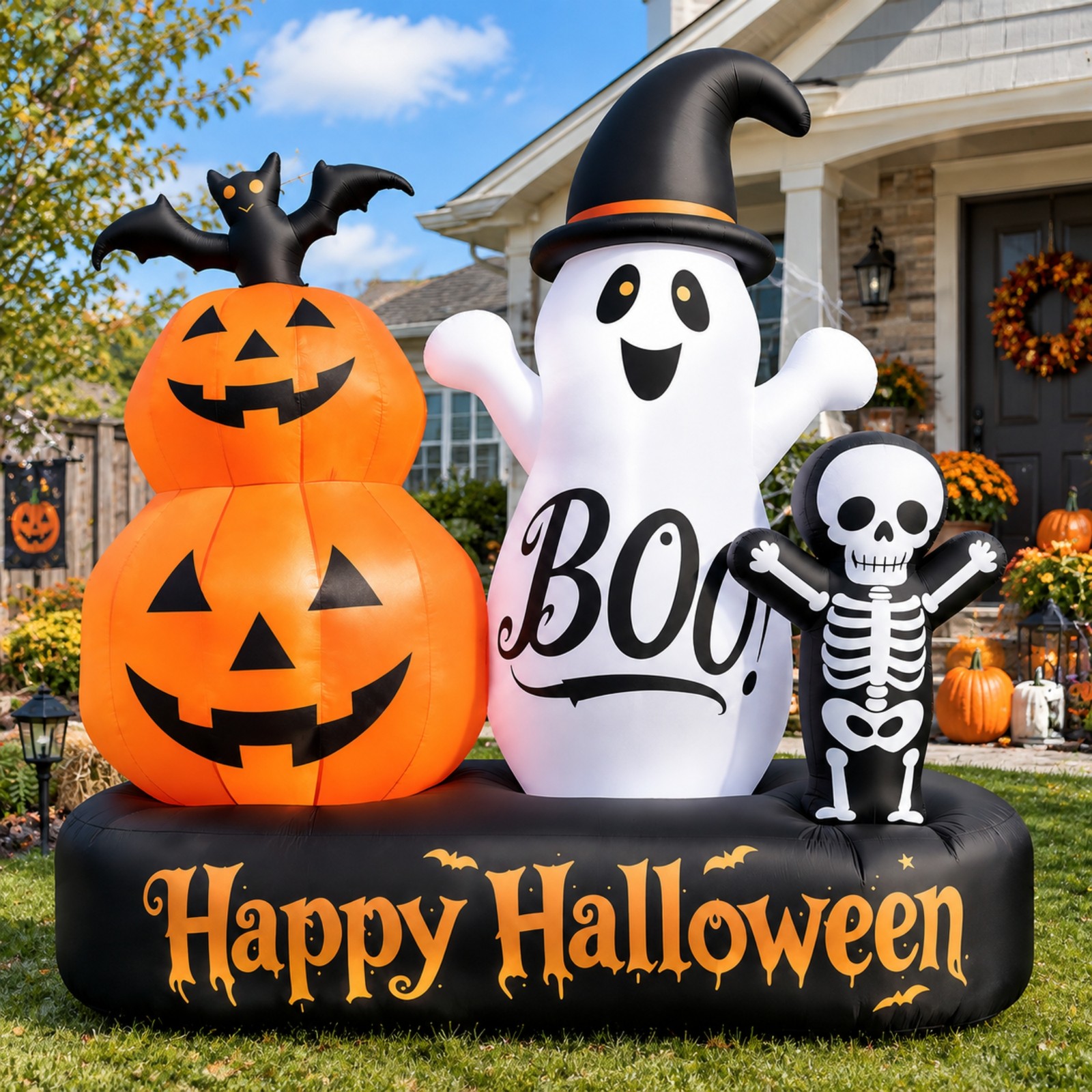 6FT Halloween Inflatable Pumpkin Ghost Skeleton & Bat Led Lights Blow Up Decor