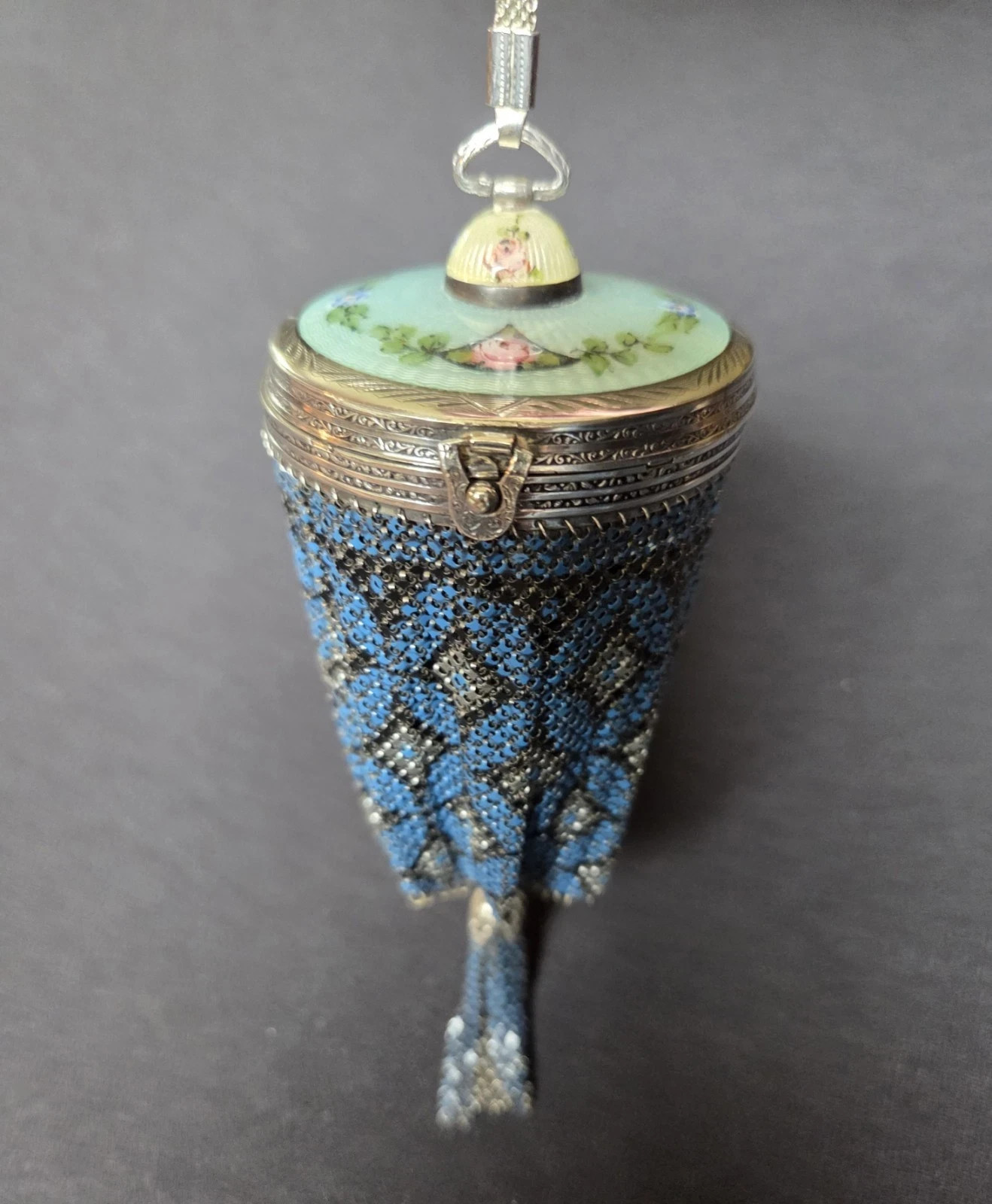 Gorgeous Antique Guilloche Enamel on Sterling Mesh Bag Purse w/Compact 1900's