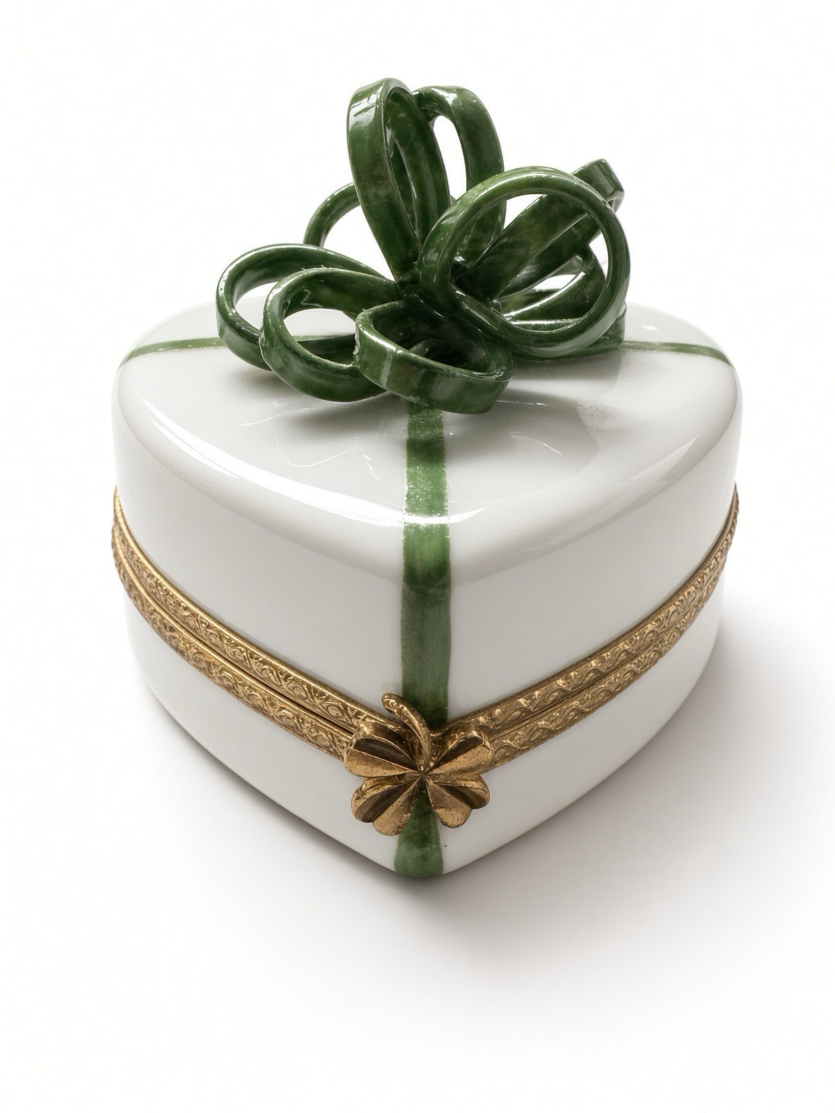 Limoges Peint Main St. Patrick’s Day Heart Green Bow with 3 Clover Cupcakes