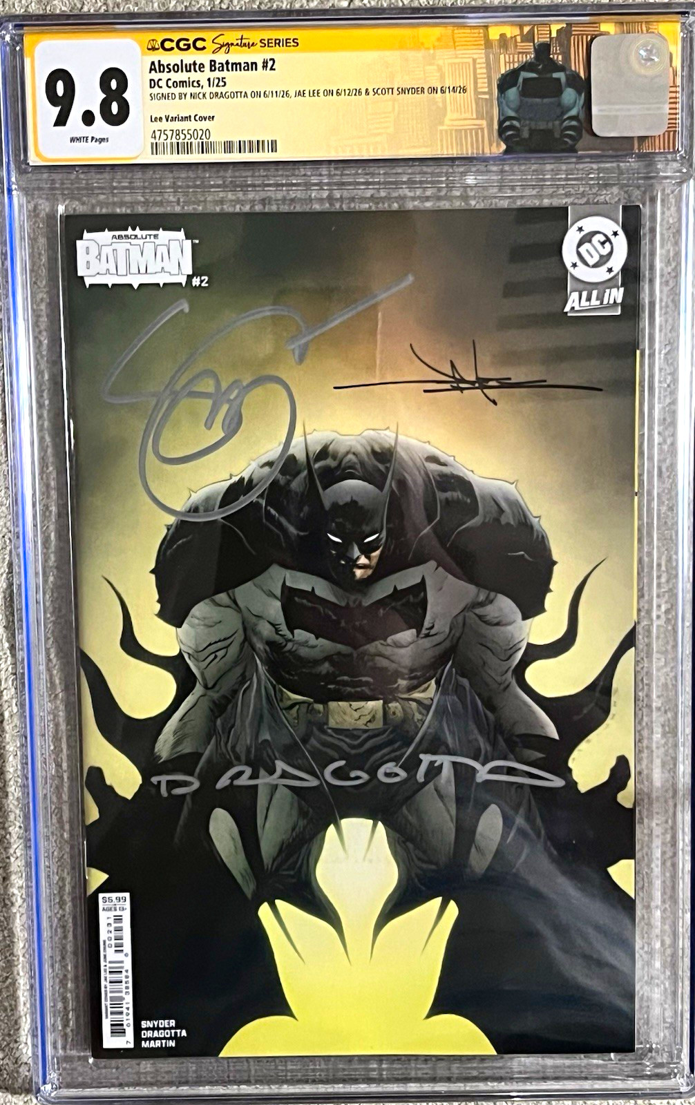 DC Comics Absolute Batman #2 (2025) CGC 9.8 SS Signed Snyder Dragotta Lee