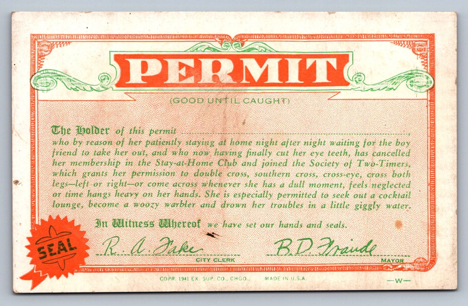 Postcard Arcade Card Novelty Humor Permit Good Until Caught  O253